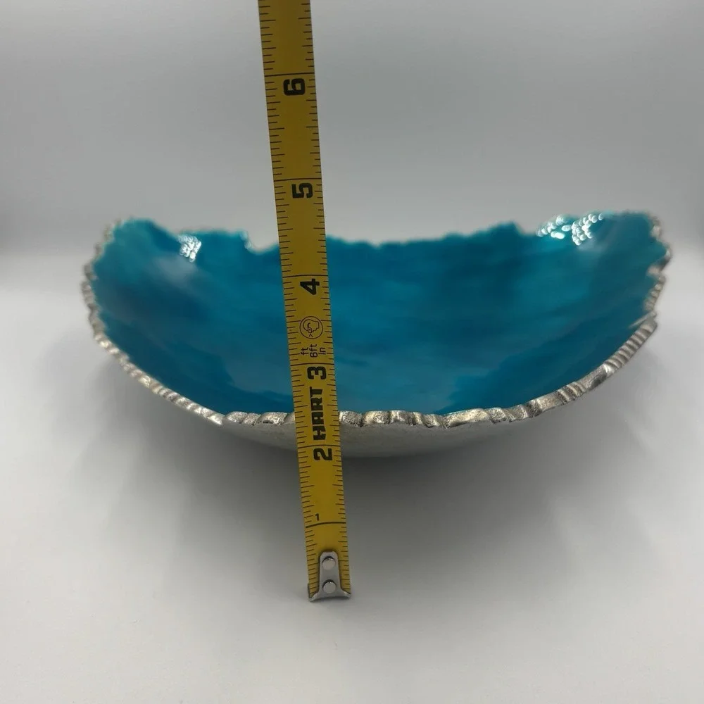 Vintage MCM Blue Enamel Silver Aluminum Triangle Dish With Rigged Edges RETRO